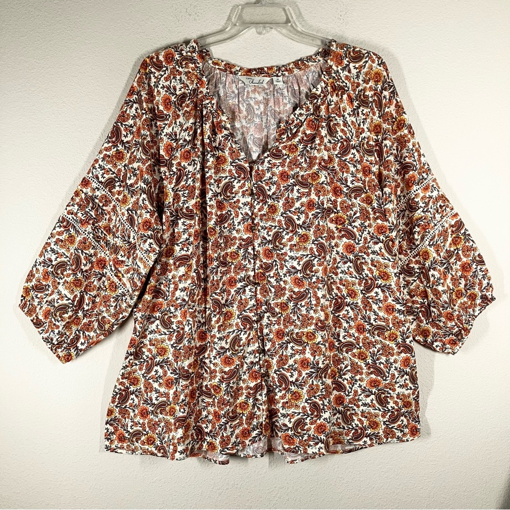 CAFFE MARRAKESH Plus Size Peasant Blouse 3X Balloon Sleeves Boho Button Up Top